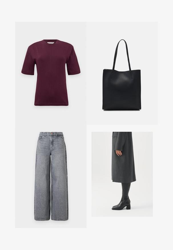 Kurze ärmeln burgunderfarbenes T-Shirt aus glattem Baumwollstoff, mit rundem Halsausschnitt und dezenten Nahtdetails auf der Vorderseite.; Weite Denim-Jeans in einer ausgewaschenen grauen Waschung, mit fünf Taschen, einem Knopfverschluss und einer weichen Textur mit dezenten Wischdetails.; Grau, maßgeschneiderter Überwurf mit geradem Schnitt; kombiniert mit knöchelhohen, schwarzen Lederstiefeln mit quadrater Zehenform und klobigem Absatz.; Schwarze Laptoptasche aus Leder mit glatter Textur, rechteckiger Form und zwei langen Griffen. Keine sichtbaren Beschläge oder Verzierungen.