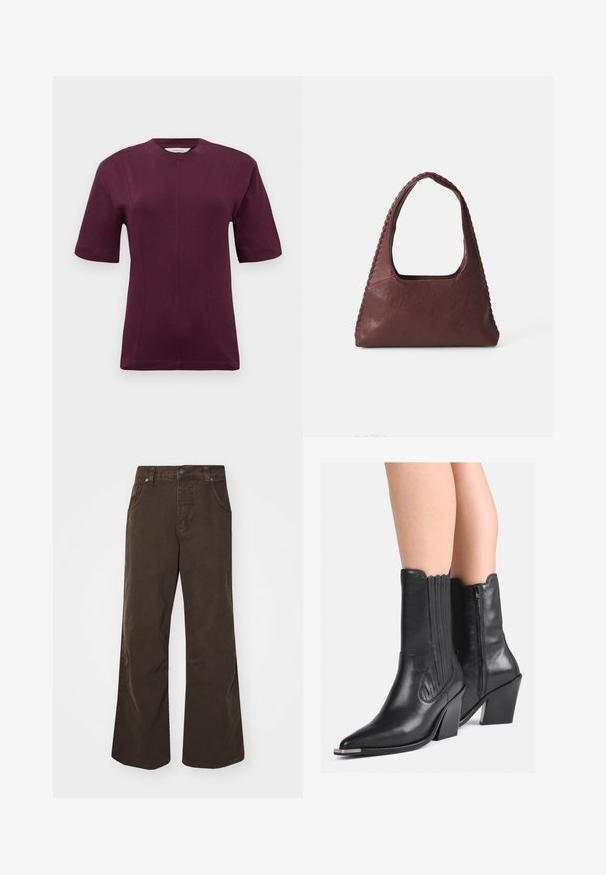 Rövid ujjú bordó póló, sima pamut anyagból készült, kerek nyakkivágással és finom varrás részletezéssel az elején.; Barna, bő szárú nadrág, pamutból készült, magas derékkal, elülső zsebekkel és sima textúrával. A kivitelezés finom varrási részleteket tartalmaz.; Fekete bőr, középmagas szárú cowboy csizma hegyes orral, magasított sarkakkal, oldalsó cipzárral és díszített varrással, mezítláb viselve.; Burgundi bőr kézitáska, háromszög alakú, nyitott tetejű, fonott részletekkel a húzón. Simább tapintású, matt felülettel.; Ezüst karika fülbevalók sima, fényes felülettel. Kerek forma, enyhén ívelt dizájnnal és összemosott szélekkel. Rögzítő csattal.