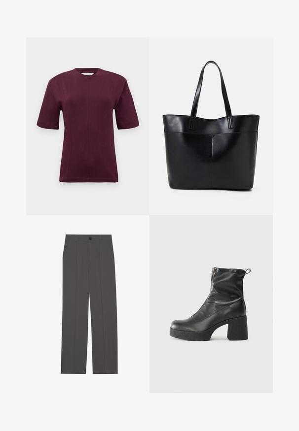 T-shirt a maniche corte di colore marrone scuro realizzato in morbido cotone, con scollatura rotonda e dettagli di cucitura sottili sul davanti.; Pantaloni grigi con un design a gamba dritta, dotati di due tasche laterali e chiusura con bottone. Tessuto liscio senza motivi o accenti visibili.; Stivali neri alla caviglia in pelle liscia, con zip laterale, tacco spesso e texture, e punta arrotondata.; Borsa a tracolla in pelle nera con due manici lunghi, una texture liscia e una forma strutturata. Presenta una tasca frontale per ulteriore spazio di archiviazione.