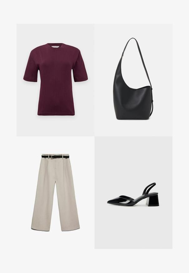 Short-sleeved maroon t-shirt made from smooth cotton fabric, featuring a round neckline and subtle seam detailing on the front.; Wide-leg beige trousers with a smooth texture, pleated front, and a black belt featuring a silver buckle for closure.; Black patent leather slingback heels with a pointed toe and a geometric block heel. Features a sleek, minimal design and smooth texture.; Black leather hobo bag with a smooth texture, curved shape, and single adjustable strap; features a wide opening at the top.
