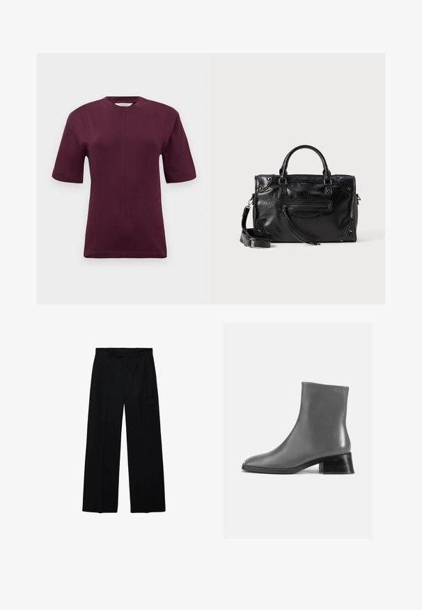 Lyhythihainen viininpunainen t-paita, joka on valmistettu sileästä puuvillakankaasta. Paidassa on pyöreä kaula-aukko ja huomaamatonta saumatusta etuosassa.; Musta korkea vyötärö, leveälahkeiset housut, joissa on vyölenkit ja sivutaskut, etuosassa vetoketjukiinnitys ja nappi.; Harmaa nahkainen nilkkuri, jossa on pyöreä kärki ja lyhyt, pinottu musta korko. Suora pinta, jossa on minimaalista yksityiskohtaisuutta.; Musta nahkakäsilaukku, jossa on kaksi lyhyttä kahvaa ja irrotettava olkahihna. Etuosassa on vetoketjullinen tasku ja metallikoristeet. Rakeinen pinta.