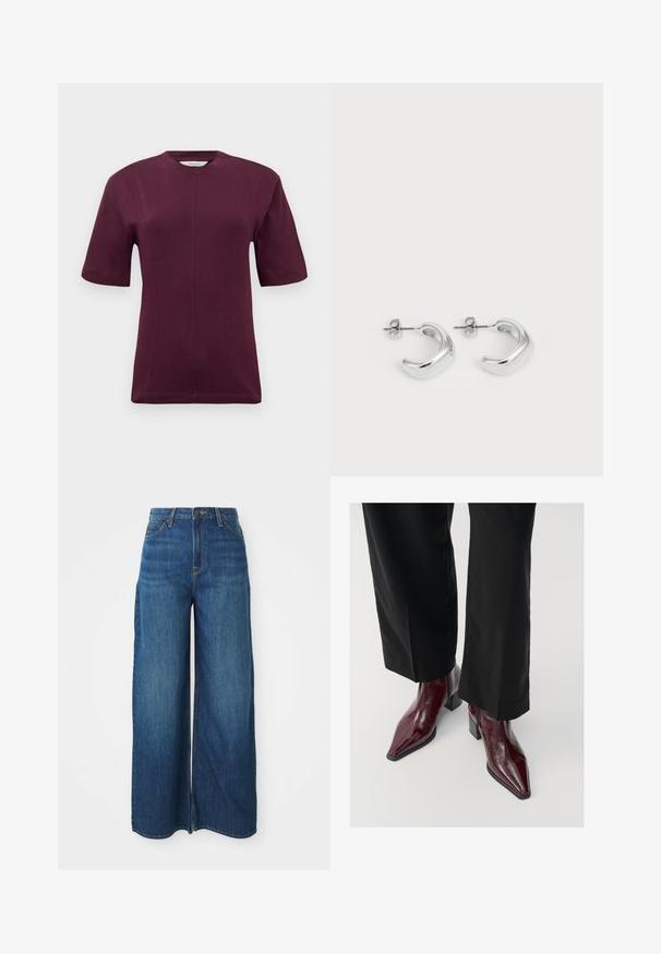 Kortærmet maroon t-shirt lavet af glat bomuldsstof, med en rund halsudskæring og diskrete sømdetaljer på fronten.; Højtaljede bukser i vidde med blå denim, frontlommer, bæltestropper, knaplukning og synlig syning på en hvid baggrund.; Bordeaux patenterede læderankelstøvler med spids tå, chunky hæl og struktureret finish, parret med sorte brede bukser.; Sølvøreringe med en glat, poleret overflade. Rund form med et let buet design og sammenblandede kanter. Med stiftlåsesystem.