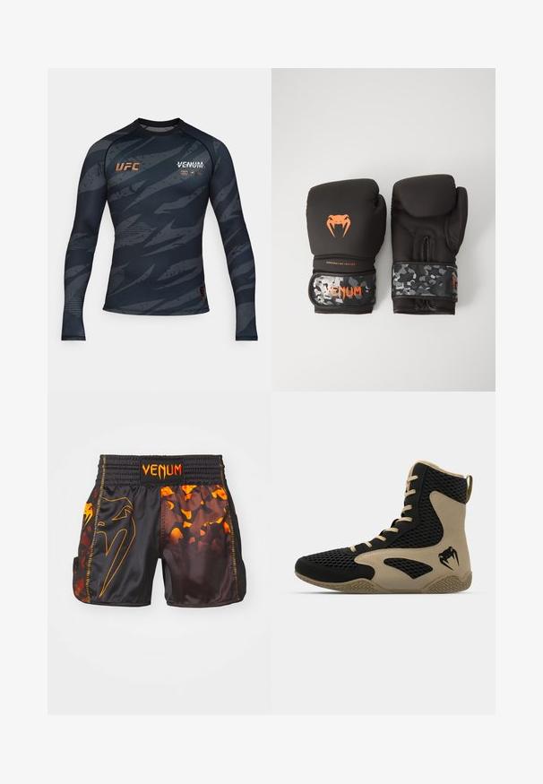 Venum UFC FIGHT WEEK RASHGUARDS - Longsleeve - urban camo; Zwarte en oranje Venum-shorts met een glanzende afwerking, contrasterende camouflagepatronen en een elastische tailleband met logo-detail.; Hoge sportieve schoen met een zwart gaasexterieur en beige accenten. Gestructureerde rubberen zool en logo-detail aan de zijkant.; Zwarte bokskampen met een matte afwerking en ergonomisch ontwerp. Oranje logo-details en camouflage-gepatenteerde polsbanden.