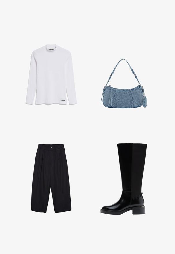 Langärmliges weißes Top aus geripptem Baumwollstoff. Verfügt über einen hohen Kragen und ein kleines schwarzes Etikett mit "ARMEDANGELS" am unteren Saum.; Schwarze Polyester-Culotte mit einem elastischen Bund, zwei vorderen Falten und einer lockeren Silhouette. Keine sichtbaren Muster oder Hardware-Details.; Schwarzer kniehoher Stiefel aus glattem Leder, mit markanten Nähten, klobigem Absatz und einer strukturierten Rückseite für zusätzlichen Akzent.; Denim-Handtasche mit geschwungener Form, hellblauer Farbe, verstellbarem Schultergurt und einem kleinen abnehmbaren Täschchen mit metallischen Akzenten.