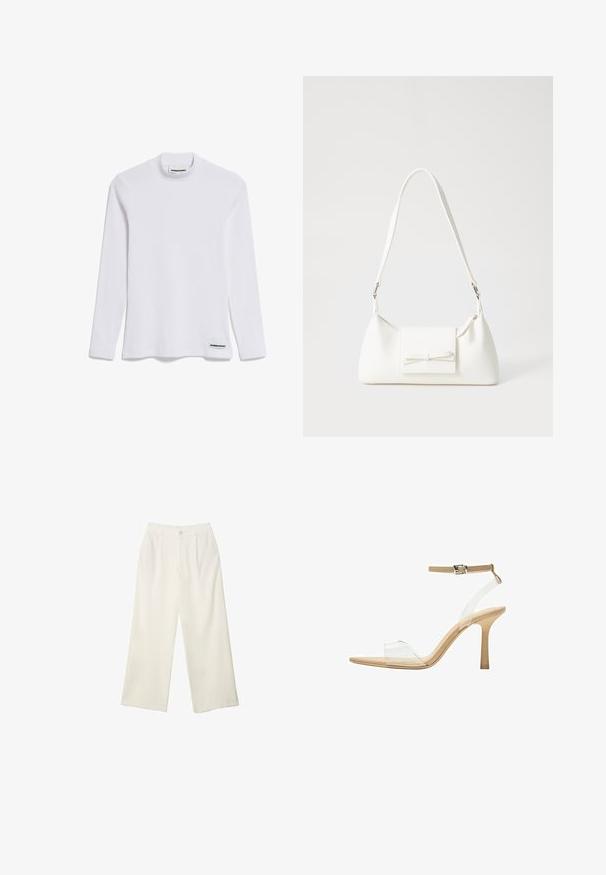 Langärmliges weißes Top aus geripptem Baumwollstoff. Verfügt über einen hohen Kragen und ein kleines schwarzes Etikett mit "ARMEDANGELS" am unteren Saum.; Helle Stoffhose mit weitem Bein und glatter Textur, ausgestattet mit einem einzelnen Knopf vorne, dezenten Falten und einem Hochbund-Design.; Durchsichtige Sandale mit transparentem Obermaterial, beigem Fußbett und einem schlanken Knöchelriemen. Sie hat eine spitz zulaufende Zehenpartie und einen dünnen, hohen Absatz.; Weiße synthetische Handtasche in dreieckiger Form, flache Vorderklappe und Schleifendetail, verstellbarer Trageriemen, glatte Textur und minimalistisches Design.