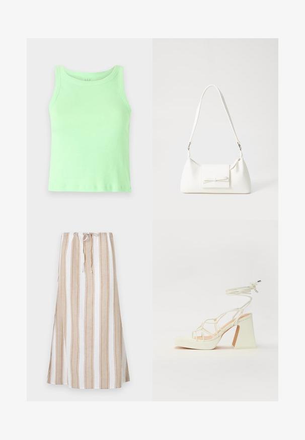 Világos zöld, bordázott ujjatlan póló kerek nyakkivágással. Az anyag lágy, enyhén elasztikus és sima textúrájú.; Csíkos szoknya fehér és világosbarna színekben, húzózsinóros derékkal és hosszú, bájos ráncolással. Könnyű anyagból készült, laza szabással.; Fehér, magassarkú szandál vastag sarokkal, pántos dizájnnal és bokapánttal. Sima textúra, elülső platformmal a megnövelt magasság érdekében.; Fehér szintetikus kézitáska, háromszög alakú, lapos előlap, masni részlettel, állítható pánttal, sima textúrával és minimalista dizájnnal.