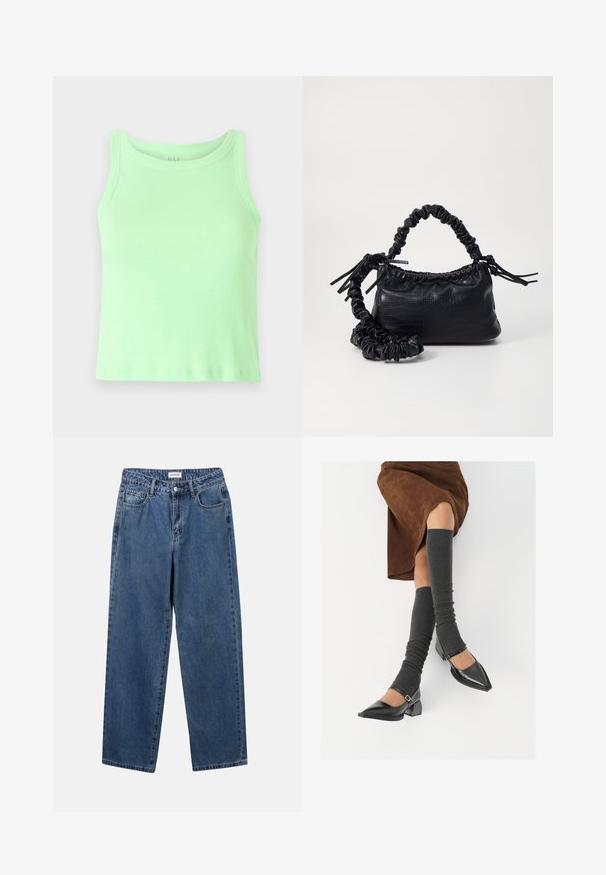 Svetlozelena rebrasta majica bez rukavov s zaobljenim izrezom. Tkanina se zdi mehka z rahlim raztezanjem in gladko teksturo.; Klasične modre jeans hlače s ravnim krojem, petimi žepi in gumbom za zapiranje. Imajo srednje pranje in trdno teksturo.; Črne lakirane čevlje s pointy prsti in blok peto ter z naramnicami za gleženj, ki jih kombiniramo s sivimi rebrastimi nogavicami in rjavim suknjičem iz usnja.; Črna torbica iz umetnega usnja s krokodilovo teksturo, z zvitim vrhom in zmečkano naramico. Zdi se mehka in kompaktna v oblikovanju.