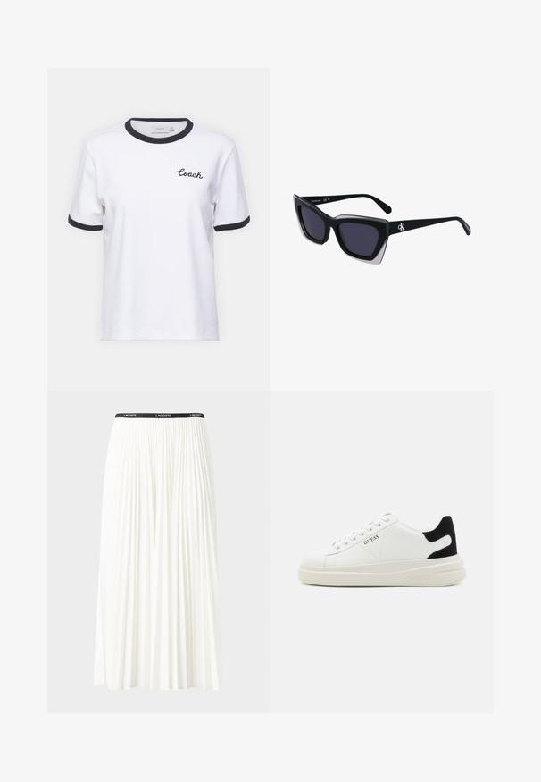 Valge puuvillane T-särk mustade äärekraede ja varrukatega. Rinnas on tikitud "Coach" logo. Lühikesed varrukad, lõdvestatud lõige.; Kurtitudega valge seelik musta elastse vööga, millel on "LACOSTE" logo. Keskmise pikkusega disain pehme tekstuuriga.; Valged nahast tennisetossud paksu valge tallaga, musta sametist kontsakeeuga ja külje peal riigilogo reljeefne kujundus. Lukkeskeem kuue silmaauguga.; Mustad suured mustad prillid geomeetrilise kujuga, tumedate läätsedega ja kontrastse halli detailiga raamidel. Logo käe peal.