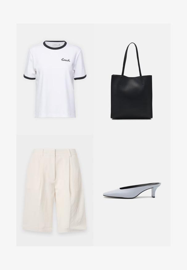 Camiseta de algodón blanca con cuello y puños en negro. Presenta un logotipo bordado de "Coach" en el pecho. Manga corta, corte relajado.; Shorts de lino blanco con un diseño a medida, frente plisado y aberturas de pierna anchas. Textura suave y largo hasta medio muslo.; Mule de charol azul claro con punta afilada, tacón transparente bajo y un diseño elegante que presenta un corte en la parte superior.; Bolso tote de cuero negro con textura lisa, forma rectangular y dos asas largas. Sin herrajes ni adornos visibles.
