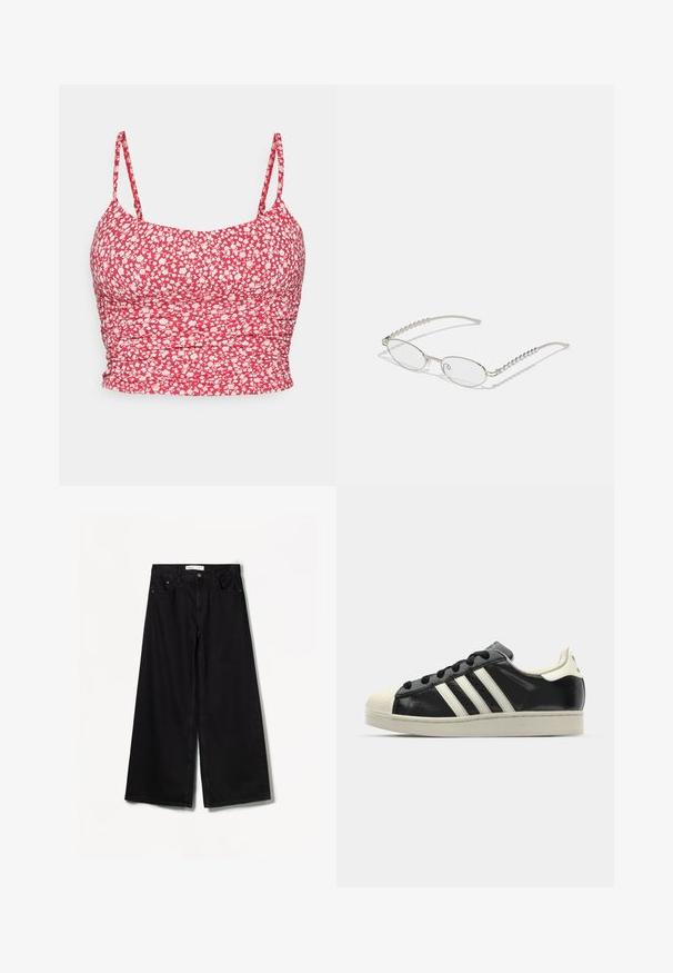 Piros virágmintás crop top vékony pántokkal. Az anyag fehér virágmintával és oldalain redőzött textúrával rendelkezik, amely illeszkedő megjelenést kölcsönöz.; Bershka WIDE-LEG - Széles szárú - black; Fekete bőrsneaker fehér csíkokkal, gumírozott orral, fekete fűzővel és krém színű talppal. Simaság és fényes felület jellemzi.; Ovális szemüveg fém ezüst kerettel, átlátszó lencsékkel és texturált gyöngyös szárakkal. Könnyű kialakítás ívelt karokkal.