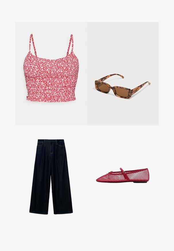 Červený kvetinový crop top s tenkými ramienkami. Tkanina má biely vzor kvetov a zhrnutú textúru na bokoch, čo vytvára priliehavý vzhľad.; Tmavé denimové nohavice so širokými nohavicami a prešívaním vpredu, dizajnom s piatimi vreckami a kontrastným šitím. Materiál sa zdá byť hladký s pevnou textúrou.; Červené sieťové baleríny s špicatou špičkou, ktoré majú tenký remienok a detail s prackou. Zvršok má otvorený, včelí plástový vzor.; Rámik slnečných okuliarov z korytnačiny s obdĺžnikovými hnedými sklami, hrubým rámom a štíhlymi stranicami so vzorom rôznych odtieňov hnedej.