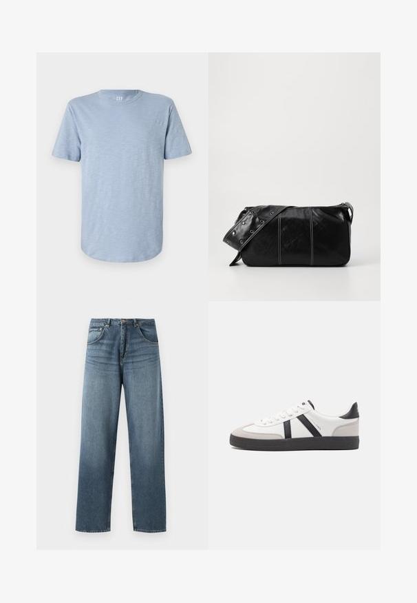 Light blue short-sleeve T-shirt made from soft fabric, featuring a crew neckline and a straight hem with a subtle texture.; Straight-leg blue denim jeans with a faded wash, featuring five-pocket design, metal button, and belt loops. Structured, medium-weight fabric.; White sneaker with black and gray accents, featuring a textured gray toe cap, black rubber sole, and flat white laces. Clean design, minimalist style.; Black leather shoulder bag with a zip closure, featuring a textured body, white stitching, and a strap with silver grommets.