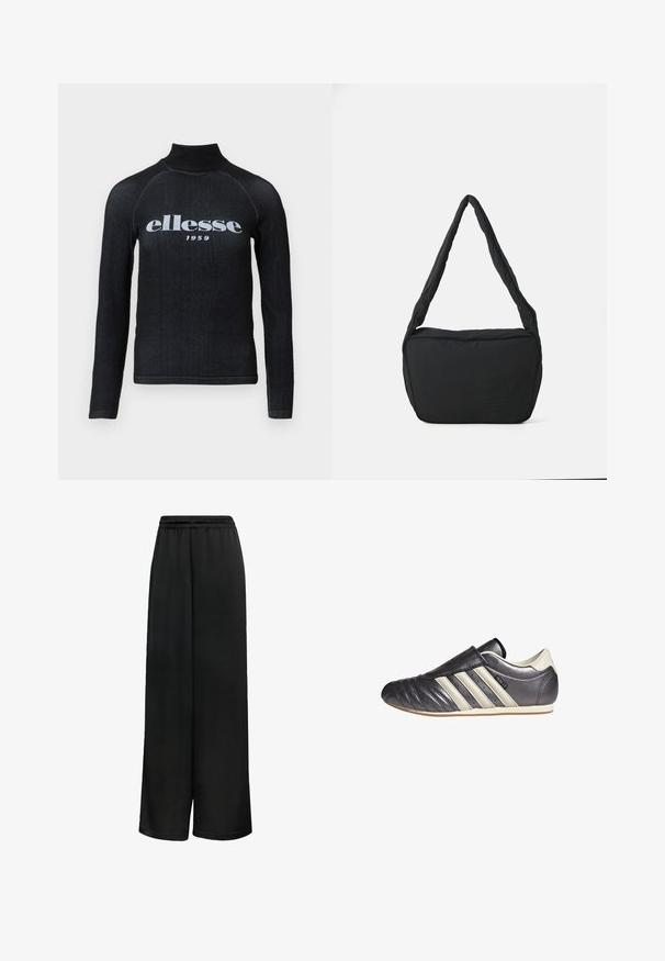 Musta pitkähihainen paita, jossa on korkea kaulus ja rinnan kohdalla valkoinen painettu "ellesse 1959" -logo; sileää, joustavaa kangasta.; Mustat leveälahkeiset housut, joissa on sileä kangas, joustava vyötärö ja rento istuvuus mukavuutta varten. Ei erottuvia kuvioita tai yksityiskohtia.; Musta ja harmaa nahkainen urheilukengä, jossa on pyöreä kärki, liukuvasti puolessa oleva muotoilu ja kolme valkoista aksenttiraitaa sivussa. Litteä kumipohja.; Musta olkalaukku, jossa on pehmustettu pinta, pyöreä muoto ja leveä hihna, sekä kohopainettu logo edessä.