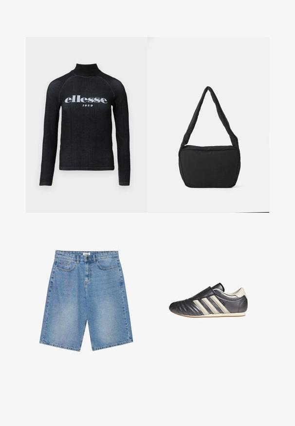 Černé tričko s dlouhým rukávem a vysokým límcem, s bílým potiskem loga "ellesse 1959" na hrudi; hladký, elastický materiál.; Džínové šortky světle modré barvy se straight střihem, pěti kapsami a kontrastním štepováním. Obsahují zapínání na knoflík a zip.; Černá a šedá kožená sportovní obuv s kulatou špičkou, bez šněrování a třemi bílými zdobnými pruhy na straně. Plochá gumová podrážka.; Černá ramenní taška s polstrovanou texturou, zaobleným tvarem a širokým popruhem, na jejíž přední straně je vyražené logo.