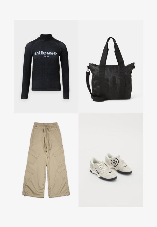 Μαύρο μπλουζάκι μακρύς μανίκι με ψηλό γιακά, με λευκή εκτύπωση του λογοτύπου "ellesse 1959" στο στήθος; ομαλός, ελαστικός ύφασμα.; Μπεζ cargo παντελόνι με ελαστική μέση, πολλές πλαϊνές τσέπες και χαλαρή εφαρμογή. Φτιαγμένο από ελαφρύ, λείο ύφασμα με λεπτομέρειες ραφής.; Nike αθλητικά παπούτσια με μπεζ και γκρί υφή, μαύρες λεπτομέρειες, μεγάλο λογότυπο "90" και λευκό κορδόνι. Μαύρη σόλα.; Μαύρη τσάντα tote με υφασμάτινη υφή, διπλές πάνω λαβές και αποσπώμενος ιμάντας. Διαθέτει κλείσιμο με φερμουάρ για ασφαλή αποθήκευση.