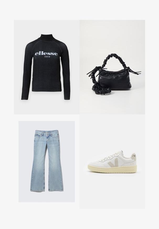 Top preto de mangas longas com um colarinho alto, apresentando um logo impresso em branco "ellesse 1959" no peito; tecido suave e elástico.; Weekday NOVA - Calças de ganga justas - lip blue; Sapatilha de couro branca com detalhes em camurça bege, biqueira perfurada, atacadores planos e sola texturizada creme. Apresenta uma marcação subtil no calcanhar.; Bolsa de mão em couro sintético preto com textura de crocodilo, topo franzido e alça enrugada. Apresenta um design suave e compacto.