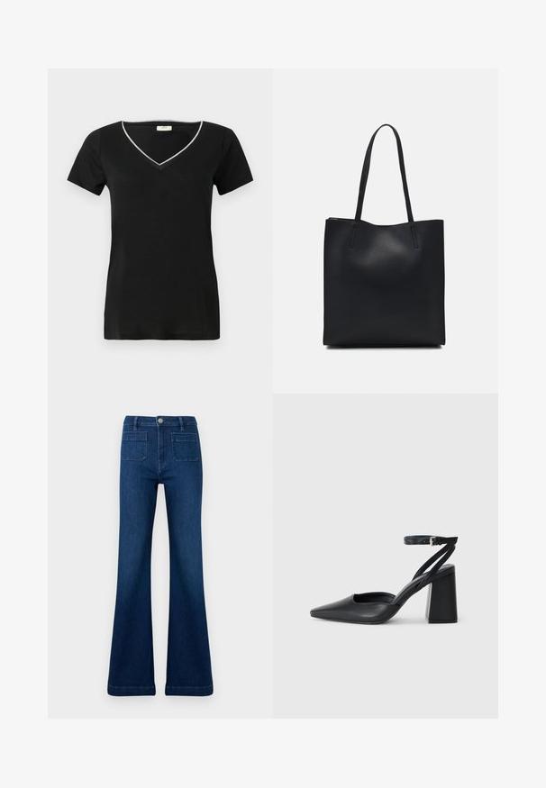 T-shirt preto com decote em V, mangas curtas, um acabamento prateado em contraste ao longo do decote e uma textura suave e macia.; Jeans flare de cor azul escura, feitos de denim, com uma cintura alta, dois bolsos traseiros e costura de contraste ao longo das costuras.; Sandal com biqueira afilada em couro preto, com cinta no tornozelo e salto grosso. Textura lisa, design elegante e estética minimalista.; Bolsa tote preta em couro com textura lisa, forma retangular e duas alças longas. Sem hardware ou enfeites visíveis.