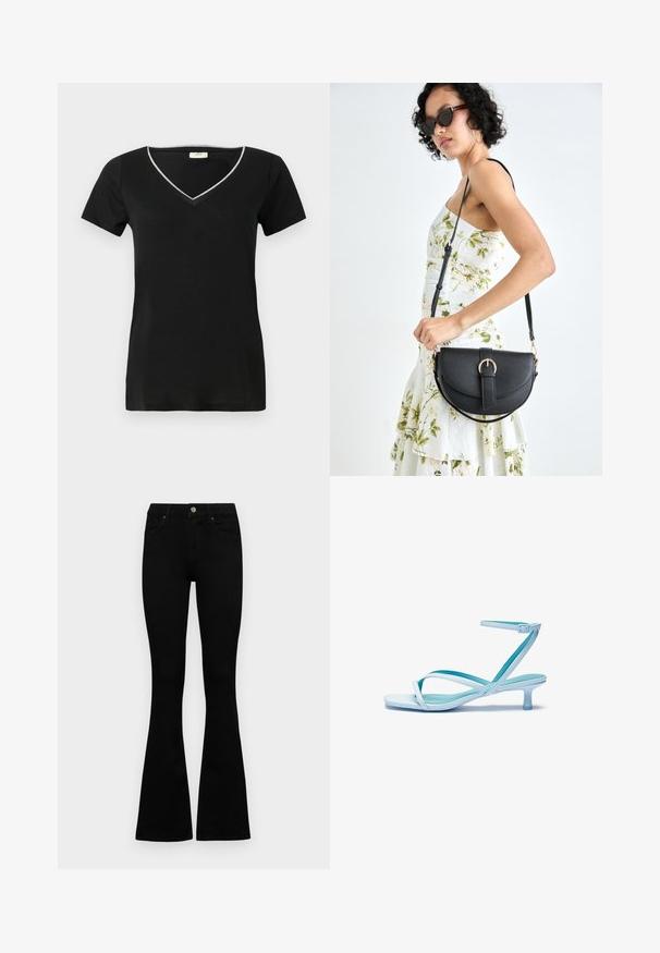 T-shirt preto com decote em V, mangas curtas, um acabamento prateado em contraste ao longo do decote e uma textura suave e macia.; Jeans pretos de cintura alta com fecho de botão e zíper, bolsos frontais e pernas largas dispostos em cima de um fundo branco.; Sandal de tira azul claro com ponta quadrada, salto baixo, tira ajustável no tornozelo e acabamento liso e brilhante. Tiras cruzadas na palmilha.; Bolsa de couro preta com forma curva, alça destacável e detalhes em dourado. A bolsa possui uma aba com detalhe de fivela.