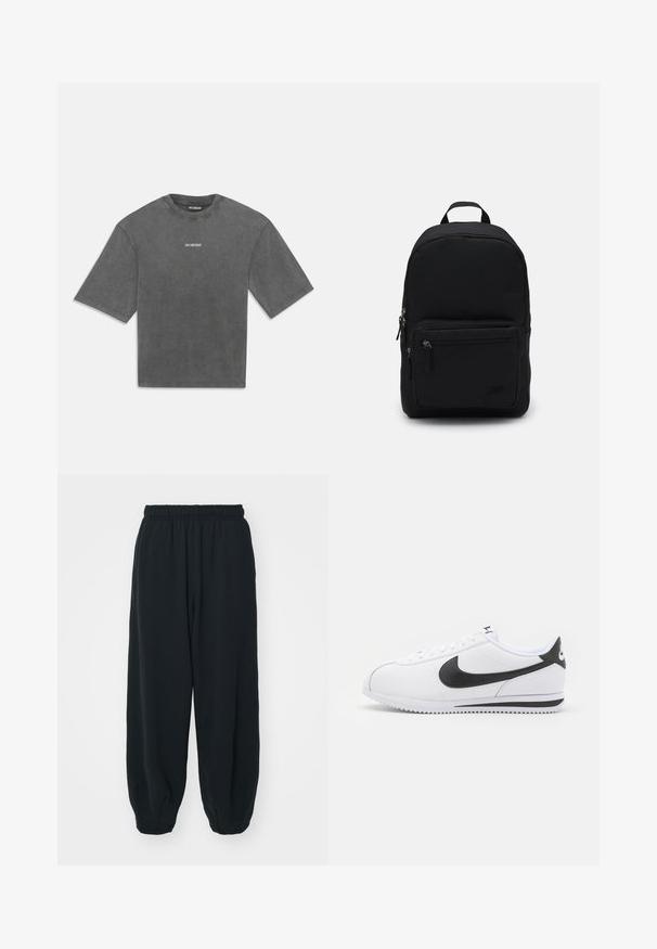 T-shirt oversize à manches courtes gris charbon avec un petit logo blanc "HAN KJØBENHAVN" centré sur la poitrine.; Pantalons de survêtement noirs avec taille élastiquée, coupe ample, chevilles côtelées, texture lisse et sans motifs ni accents matériels visibles.; Baskets en cuir blanc avec le swoosh noir de Nike, lacets plats et semelle en caoutchouc texturé. Bout arrondi et col rembourré pour le confort.; Sac à dos noir en tissu durable, présentant une forme arrondie, une poche zippée à l'avant et deux compartiments zippés. Petit logo en accent à l'avant.