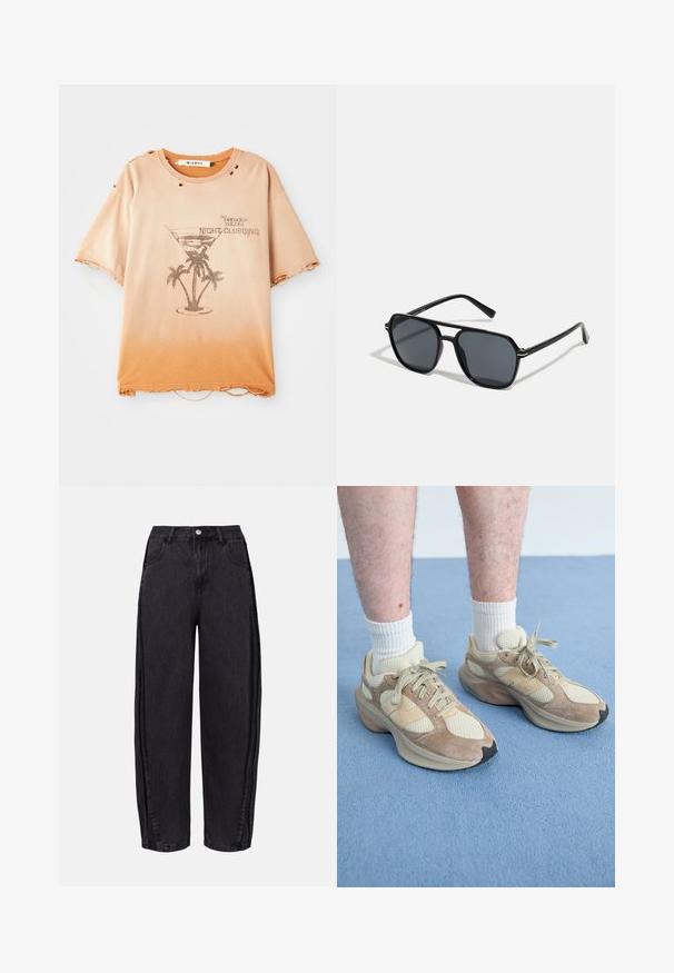 Beige to orange gradient distressed T-shirt with tears, featuring a martini glass and palm tree graphic and "Night Clubbing" text.; Black wide-leg jeans made of denim with a smooth texture. Features a high waist, front pockets, and button closure at the waistband.; Beige and cream athletic shoes with mesh and suede materials, featuring thick soles and laces, worn with white crew socks on a blue surface.; Black sunglases with octagonal frame, dark lenses, glossy finish, thin temples, and gold accents on the front.