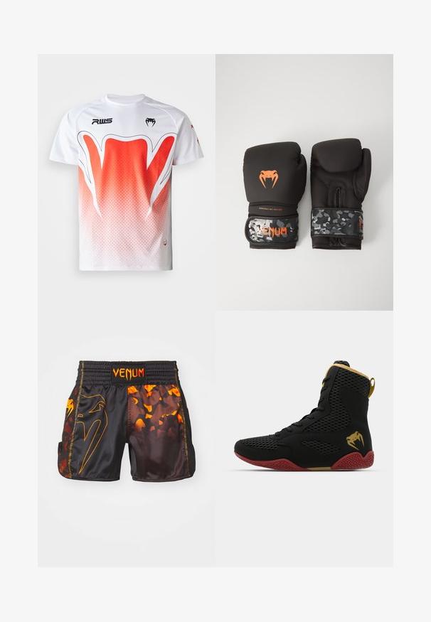 Vit sportt-shirt med en gradientdesign som går från vitt till rött, med ett geometriskt mönster och en svart logotyp på bröstet.; Svarta och orange Venum-shorts med en glänsande yta, kontrasterande kamouflage-mönster och ett elastiskt midjeband med logodetalj.; Höga sportskor i svart mesh och syntetmaterial, med texturerade detaljer, röd gummisula och gulddetaljer vid ankeln.; Svarta boxningshandskar med matt yta och ergonomisk design. Orange logotypdetaljering och handledsremmar med kamouflage-mönster.
