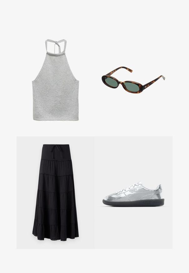 Mango MARIETA - Top - silver-coloured; Black tiered maxi skirt with a drawstring waistband, featuring a flowing design and a textured fabric.; Silver sneakers with a smooth, reflective upper, featuring black rubber soles and classic lace-up design. Puma logo on the side.; Tortoiseshell sunglasses with oval frames and green lenses. Features thin arms with a metallic accent near the hinges.