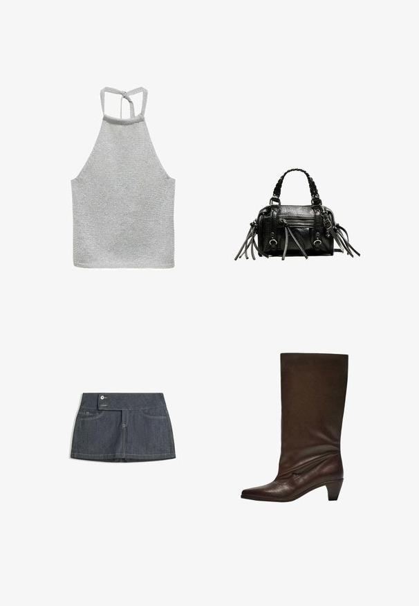 Mango MARIETA - Top - silver-coloured; Dunkelblauer Denim-Rock mit hohem Bund, ausgestattet mit zwei Vordertaschen, einem Knopfverschluss und kontrastierendem Nähen entlang der Kanten.; Dunkelbraune Lederstiefel bis zur Mitte der Wade mit niedrigem Blockabsatz, spitzem Schuh sowie leicht schlaffem Schaft vor einem weißen Hintergrund.; Schwarze Lederhandtasche mit geflochtenen Tragegriffen, texturiertem Oberflächen, einem Reißverschluss-Frontfach und dekorativen Fransenakzenten. Kompakte und strukturierte Form.; Drei Ringe: ein strukturiertes goldenes Band, ein glänzendes schwarzes Band und ein gemustertes braun-weißes Band mit wellenförmigen Linien.