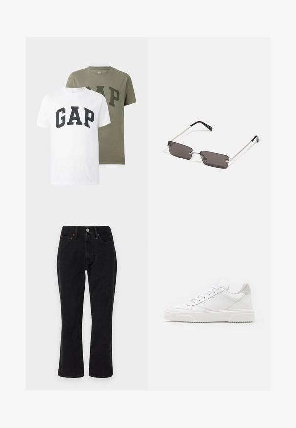 Two short-sleeve crew neck t-shirts, one white and one olive green, each with "GAP" printed in large block letters across the chest.; Black denim jeans featuring a straight leg design, five-pocket style, and metal hardware with copper accents. Smooth texture and medium rise.; White leather sneakers with a smooth finish, rounded toe, flat laces, and a textured sole. Grey suede accent at the heel.; Sunglasses with rectangular, dark grey lenses, silver metal frames, and black plastic tips on the arms. Lightweight design with nose pads.