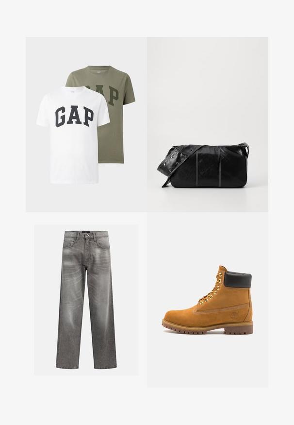 Du skirtingi trumpų rankovių marškiniai su apvalia iškirpte, vieni balti, kiti alyvuogių spalvos, kiekvieni su užrašu "GAP" didelėmis šrifto raidėmis per krūtinę.; Pilkos džinsinės kelnės su laisvu siluetu, turinčios plaukų ir išblukimo detalių, klasikinis penkių kišenių dizainas ir mygtukų uždarymas.; Tan spalvą turintys suknelės batus iki kulkšnies su juodu paminkštintu apvadu, auksiniais metaliniais akių užsegimais, baltais siūlų dekoratyviniais elementais ir tvirtu guminiu padu su ryškiai išreikštais raštais.; Juodas odinis pečių krepšys su užtrauktuku, turintis tekstūruotą paviršių, baltą siuvinėjimą ir dirželį su sidabinėmis metalinėmis detalėmis.