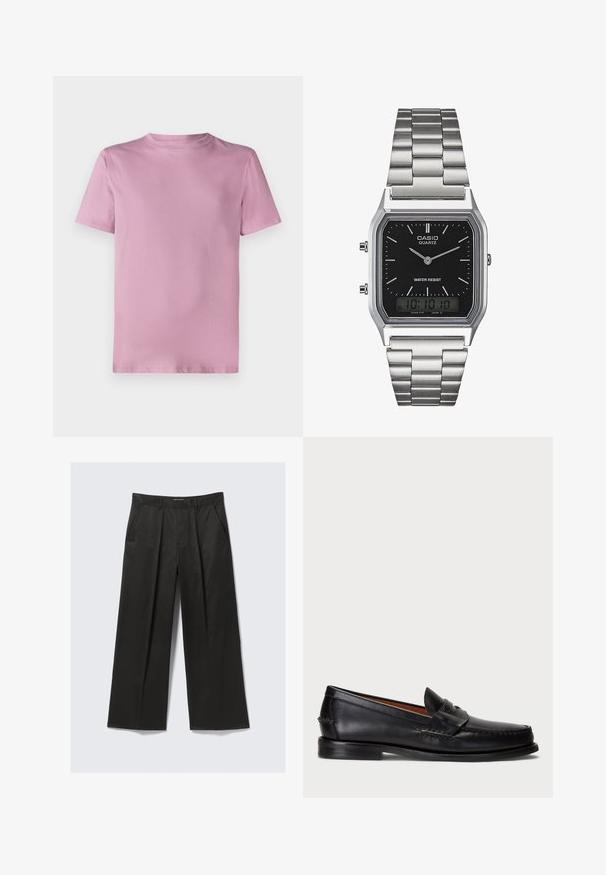 Rosa bomull t-skjorte med rund hals, korte ermer og glatt tekstur. Enkel, udekorerte design uten logoer eller mønstre.; Svarte vide bukser med en glatt tekstur, med to frontlommer og en noe hevet midjebånd.; Sorte lær loafer med rund tå, broderte detaljer og et dekorativt bånd over fronten. Flat såle med minimal profil.; Sølv rustfritt stål kvartsur med en svart rektangulær urskive, med analoge visere, digital skjerm og vanntetthetsmerke.