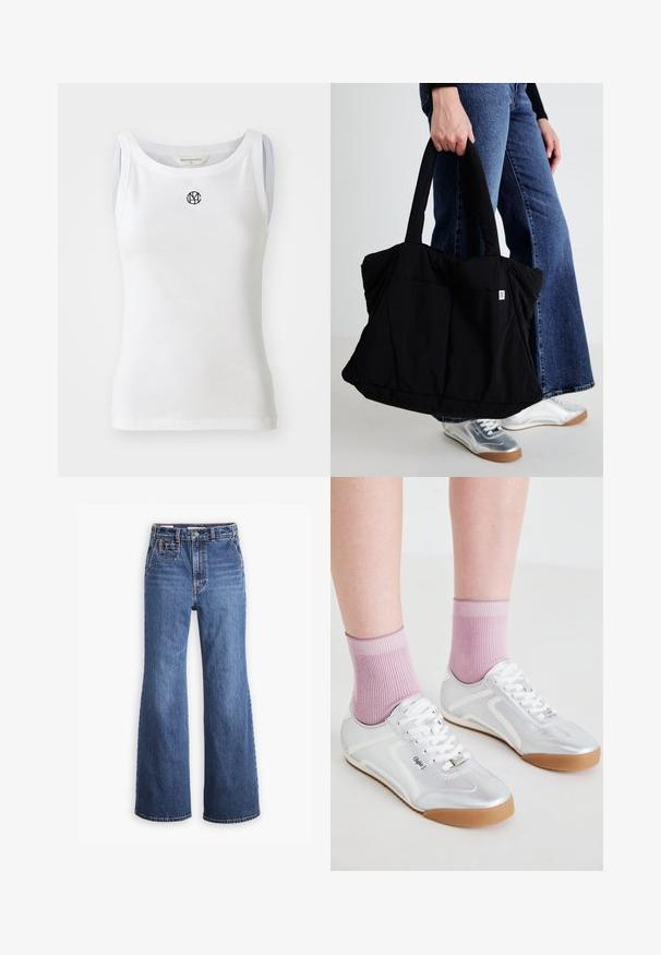 Balts topiņš, izgatavots no ribotas auduma, ar apaļu kakla izgriezumu un melnu logo priekšpusē. Bez piedurknēm, pieguļoša silueta.; Augstas jostas blue denim bikses ar platu kāju dizainu, ar priekšējo kabatu, misiņa pogu aizdari un kontrastējošu šuvju.; Sudraba sporta apavi ar baltām akcentiem un gumijas zoles, apvienoti ar ribotām rozā zeķēm, demonstrējot zema profila dizainu.; Melna auduma somiņa ar pūkainu dizainu, divām izturīgām rokturām un nelielu logo uzšuvumu priekšpusē, ko tur cilvēks džinsos.