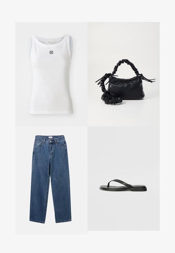 Vit linne i ribbat tyg, med rundad halsringning och en svart logotyp framtill. Ärmfri design med en figurnära silhuett.; Klassiska blå denimjeans med rak benform, fem fickor och knäppning. Har en medelblå tvättning och stadig textur.; Svart flip-flop i mjukt läder, med en tunn remdesign och en platt sula med en minimalistisk profil. Inga anmärkningsvärda mönster eller detaljer.; Svart faux läderhandväska med krokodiltextur, snodd topp och en skrämd rem. Ser mjuk och kompakt ut i designen.