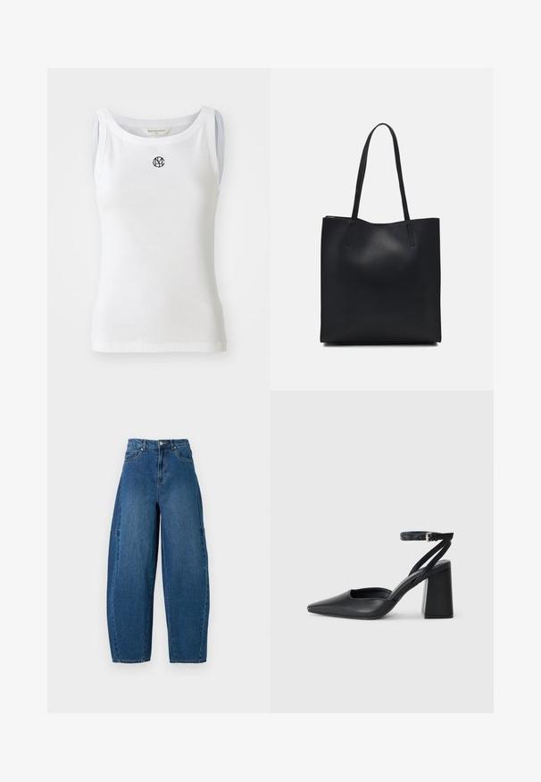 Biała bluzka na ramiączkach z żebrowanej tkaniny, z okrągłym dekoltem i czarnym logo z przodu. Bezrękawnik o dopasowanym kroju.; Jeans dżinsowe w średnim niebieskim kolorze, z wysokim stanem, szeroką nogawką oraz standardowym pięciomieszkowym wzorem, z widocznymi detalami przeszycia.; Czarne skórzane czółenka z ostrym noskiem, z paskiem na kostce i grubym obcasem. Gładka faktura, elegancki design i minimalistyczna estetyka.; Czarna skórzana torba tote o gładkiej fakturze, prostokątnym kształcie i dwóch długich uchwytach. Brak widocznych elementów metalowych i ozdób.