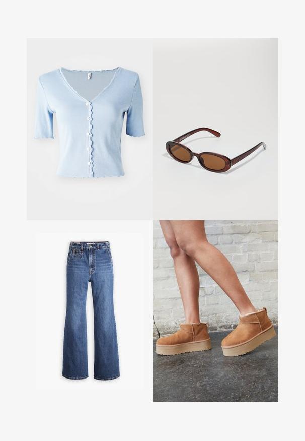 Jasnoniebieski, prążkowany, krótki kardigan z krótkim rękawem, wykończony dekoltem w kształcie V, falbaniastymi krawędziami i pięcioma białymi guzikami z przodu, wykonany z miękkiego materiału.; Jeansy z wysokim stanem wykonane z niebieskiego dżinsu, o szerokich nogawkach, z przednią kieszenią, zapięciem na mosiężny guzik oraz kontrastowymi szwami.; Brązowe zamszowe botki sięgające kostki z puszystą wyściółką, grubą beżową platformą oraz tylną pętelką. Teksturowana powierzchnia z widocznymi detalami zszycia.; Okrągłe, brązowe okulary przeciwsłoneczne z błyszczącą bordową oprawą. Cienkie ramiona z subtelnym detalem marki. Płaski kształt soczewek.