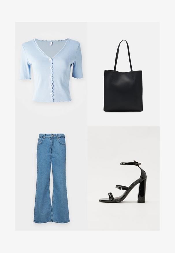 Cardigan court à manches courtes de couleur bleu clair, avec un col en V, des bords en feston et cinq boutons blancs à l'avant, fabriqué en tissu doux.; Jean flare bleu clair en denim, avec une taille haute, cinq poches et une fermeture à un bouton. Texture douce avec une finition décolorée.; Sandales à talons vernies noires avec un bout carré, des sangles autour de la cheville et des boucles en argent. Dotées d'un talon bloc épais pour plus de stabilité.; Sac fourre-tout en cuir noir avec une texture lisse, de forme rectangulaire et deux longues poignées. Pas de matériel ou d'ornementations visibles.