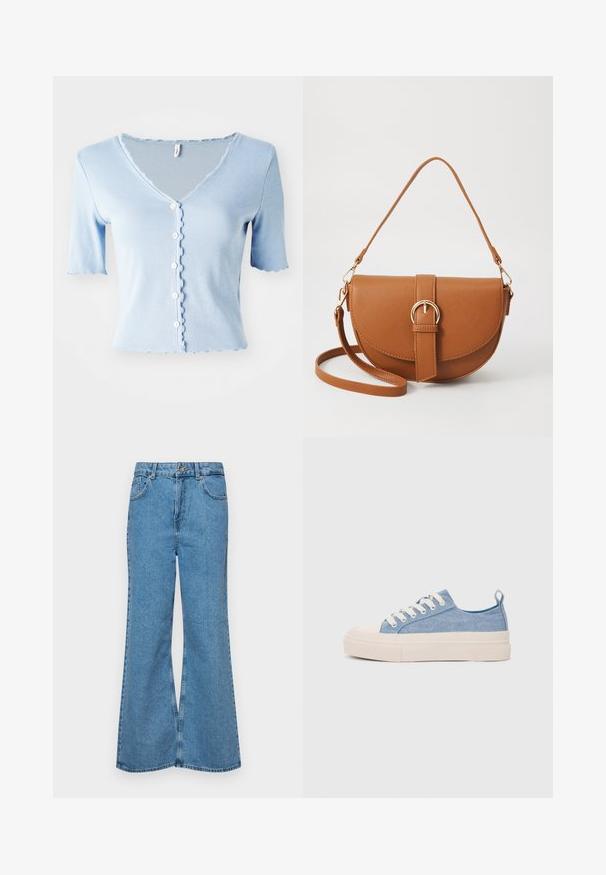 Jasnoniebieski, prążkowany, krótki kardigan z krótkim rękawem, wykończony dekoltem w kształcie V, falbaniastymi krawędziami i pięcioma białymi guzikami z przodu, wykonany z miękkiego materiału.; Jasnoniebieskie dzwony z denimu, z wysokim stanem, pięcioma kieszeniami i zapięciem na jeden guzik. Miękka tekstura z wyblakłym wykończeniem.; Jasnoniebieskie płócienne sneakersy z kremowym czubkiem z gumy i podeszwą, z białymi sznurówkami i pętelką na pięcie.; Brązowa skórzana torba na ramię o zaokrąglonym kształcie, ze złotymi akcentami i zapięciem w formie klamry. Posiada odpinany pasek na ramię.