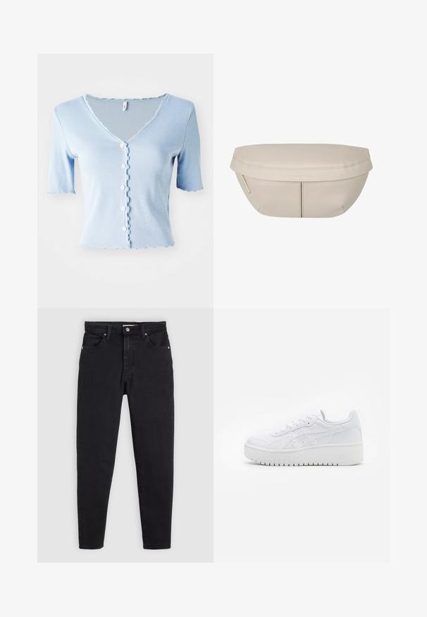 Cardigan court à manches courtes de couleur bleu clair, avec un col en V, des bords en feston et cinq boutons blancs à l'avant, fabriqué en tissu doux.; Jean slim noir avec fermeture à bouton et à glissière, design à cinq poches et passants de ceinture sur un fond gris clair.; Baskets plateformes blanches avec une texture en cuir lisse, des détails perforés et des lacets plats ; dotées d'une épaisse semelle en caoutchouc blanc.; Pochette en tissu beige de forme arrondie, avec un dessus plat et des détails de couture subtils. Comprend un logo minimaliste et une sangle latérale.