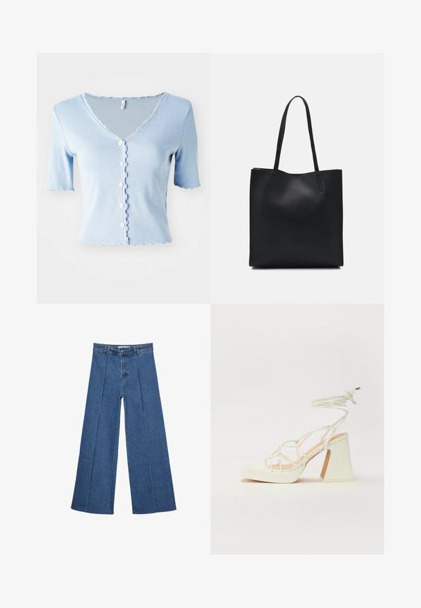 Svetlo modra rebrasta kratka jakna s kratkimi rokavi, z V-vratom, valovitim robom in petimi belimi gumbi na sprednji strani, izdelana iz mehkega blaga.; Jeans širokih nogavic v srednji modri barvi, z visokim pasom, gumbom in kontrastnimi navpičnimi šivi spredaj.; Bela sandala na visokih petah s debelim petam, ki ima obliko trakcev in vezanje okoli gležnja. Gladka tekstura z platformo spredaj za dodatno višino.; Črna usnjena torba s svilnato teksturo, pravokotne oblike in dvema dolgima ročajema. Brez vidnih metalnih delov ali okrasnih elementov.