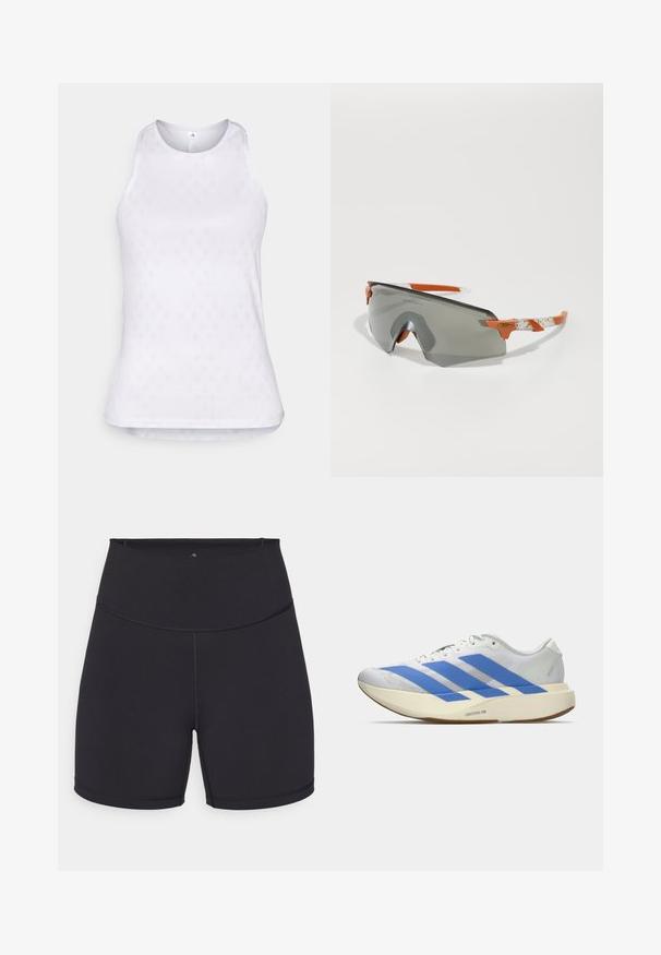 Witte mouwloze sporttop van meshstof, met een getextureerd ruitpatroon en een ronde halslijn.; Zwarte sportshorts gemaakt van rekbaar materiaal. Kenmerken van een hoge tailleband en gladde naden. Geschikt voor actieve kleding en lichaamsbeweging.; Witte sportschoen met blauwe strepen, geztructureerde bovenkant, platte zool en "LIGHTSTRIKE PRO" branding aan de zijkant. Laag profiel ontwerp.; Sportzonnebril met een grijze lens, oranje accenten en patroon in de witte armen. Ontworpen voor prestaties met een rondlopende vorm.