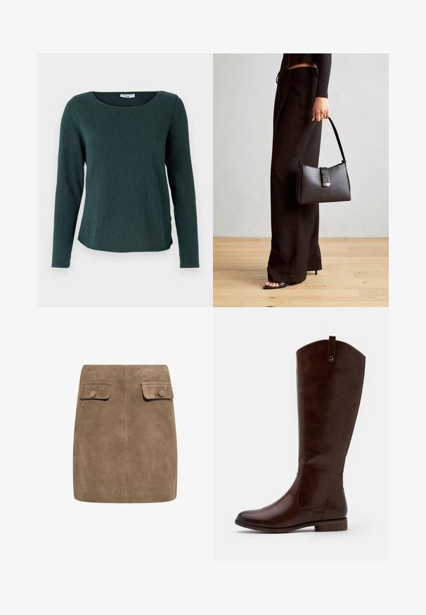 Marc O'Polo DENIM LONGSLEEVE - Longsleeve - evergreen; Bruine lange mouwen top met een brede halslijn en een knoopdetail aan één zijde, gemaakt van zachte, gestructureerde stof.; Bruine suède mini-jurk met een gladde textuur, voorzien van twee voorflapzakken en knoopsluitingen aan elke kant. Eenvoudig, recht ontwerp.; Bruine kniehoge laarzen van soepel leer, met een ronde neus, lage gestapelde hak en een subtiel stikselpatroon langs de zijkanten.; Zwarte handtas met gestructureerde vorm, gladde textuur en een metalen sluiting. Gecombineerd met brede zwarte broeken en sandalen met open teen op een houten vloer.