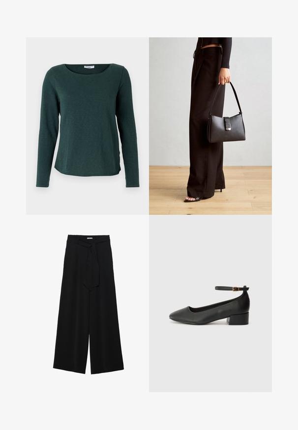 Marc O'Polo DENIM LONGSLEEVE - Langarmshirt - evergreen; Schwarze weite Hosen aus strukturiertem Stoff, mit elastischem Bund und einem abnehmbaren Bindegürtel in der Taille für eine verstellbare Passform.; Schwarze Lederpumps mit spitzem Zehenbereich und niedrigem Blockabsatz. Mit einem Knöchelriemen und einer goldfarbenen Schnalle. Glatte Textur.; Schwarze Handtasche mit strukturierter Form, glatter Textur und einem metallischen Verschluss. Kombiniert mit weiten schwarzen Hosen und offenen Sandalen auf einem Holzboden.