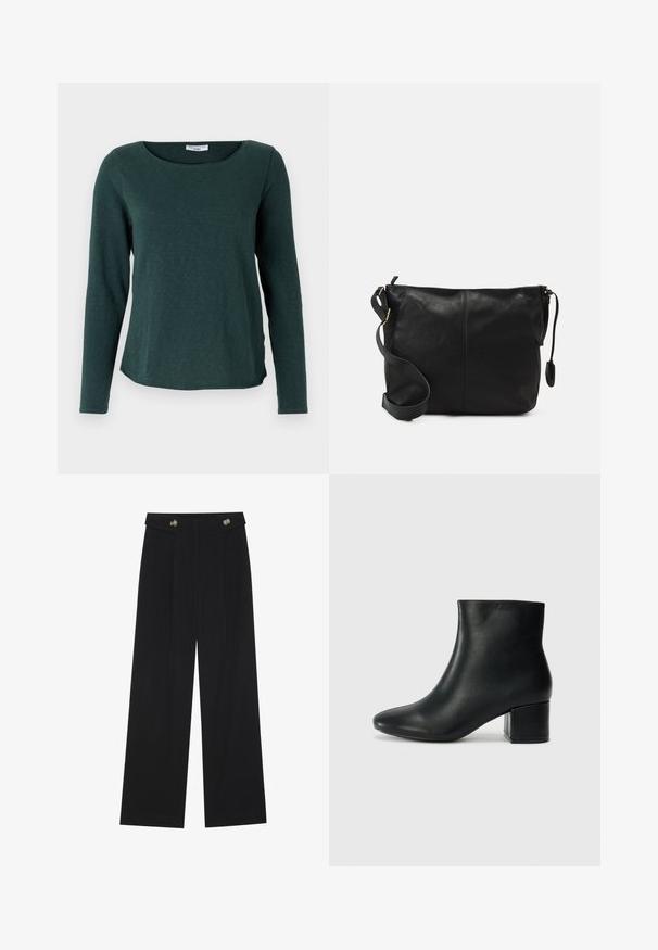 Marc O'Polo DENIM LONGSLEEVE - Long sleeved top - evergreen; Black wide-leg trousers with high waist, button details on waistband, and front pleats.; Black leather ankle boots with a pointed toe and a chunky heel. Smooth texture with minimal accents and a sleek, fitted design.; Black leather crossbody bag with a flat shape, gold hardware accents, and an adjustable strap. Smooth texture with minimal stitching details.
