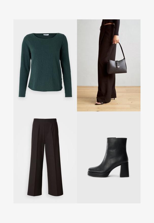 Marc O'Polo DENIM LONGSLEEVE - Μπλούζα με μακριά μανίκια - evergreen; Μαύρες παντελόνες με φαρδιά πόδια, επίπεδο μπροστινό μέρος, πτυχώσεις και λεία υφή υφάσματος. Διαθέτουν ψηλή μέση και κομψή γραμμή για σφιχτή εφαρμογή.; Μαύρη δερμάτινη μποτάκι στον αστράγαλο με τετράγωνο τακούνι και πλατφόρμα, απεικονισμένο από το πλάι σε λευκό φόντο.; Μαύρη τσάντα χειρός με δομημένο σχήμα, λεία υφή και μεταλλικό κούμπωμα. Συνδυασμένη με φαρδιά μαύρα παντελόνια και σανδάλια ανοιχτής μύτης πάνω σε ξύλινο πάτωμα.