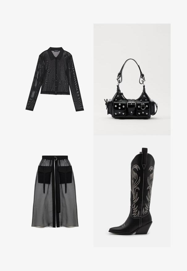 Čierna dlhá rukávová košeľa z priesvitnej tkaniny, s špicatým golierom, predným zapínaním na gombíky a textúrovaným vzorom po celom povrchu.; Čierna priesvitná sukňa s naťahovacím pásom, ktorá má dve veľké predné vrecká, opasok na viazanie a kruhový kovový akcent.; Čierne kožené kovbojské čižmy s špicatými prstami, klinovými podpätkami a striebornými vyšívanými kvetinovými vzormi po celej dĺžke. Kontrastné šitie po celom povrchu.; Čierna kožená kabelka s zakriveným dizajnom, doplnená striebornými cvočkami, prackou a dvoma bočnými vreckami. Nastaviteľný popruh poskytuje rôzne možnosti nosenia.