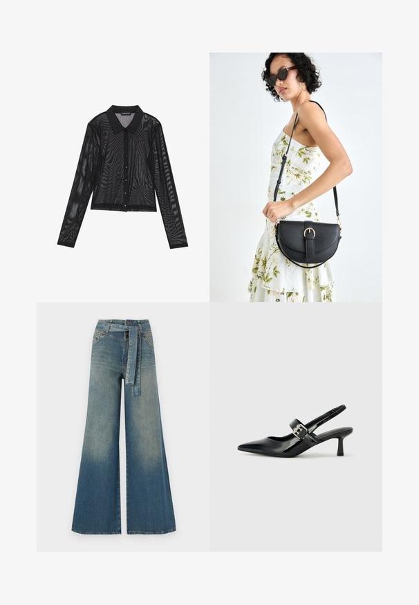 Svart langermet skjorte laget av gjennomsiktig stoff, med spiss krage, frontlukking med knapper, og teksturert mønster over hele.; Bredde ben jeans med en lyseblå til mørkeblå gradient, høyt liv, beltehemper og et matchende belte i samme stoff. Teksturert denimoverflate.; Svarte patent lær slingback hæler med spiss tå og en liten blokkheel, med en sølvspenne som detalj på stroppen.; Svart lærveske med en buet form, avtagbar stropp og gullbeslag. Vesken har et klaff med spenne-detall.