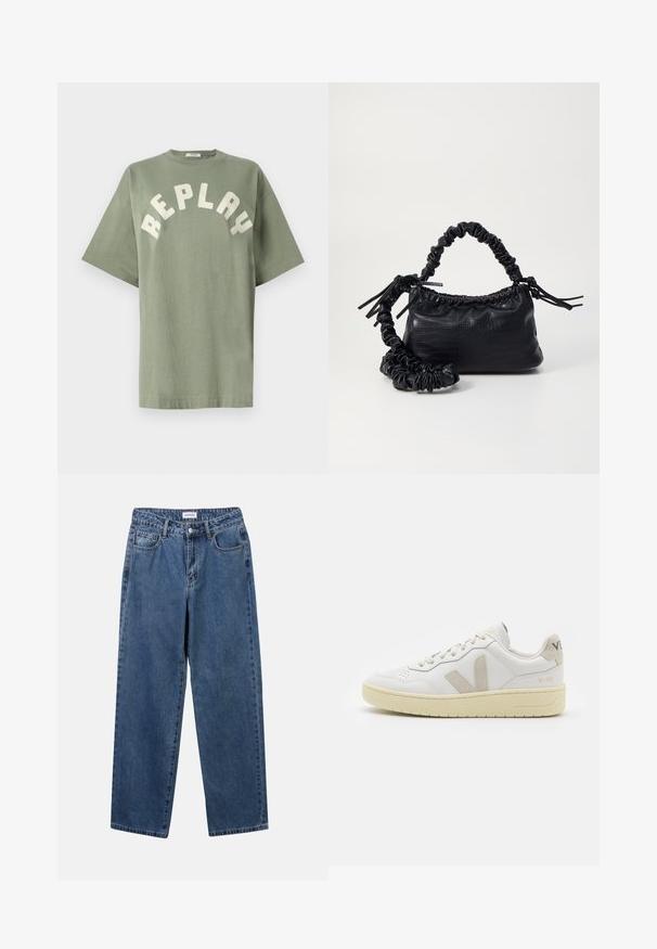 Groene katoenen t-shirt met een relaxte pasvorm, voorzien van een ronde halslijn en het woord "REPLAY" in grote, off-white blokletters over de borst.; Klassieke blauwe denim jeans met een rechte pijp, vijf zakken en een knoopsluiting. Heeft een middelgrote wasbeurt en stevige textuur.; Witte leren sneaker met beige suède accenten, geperforeerde neus, platte veters en een gestructureerde crèmekleurige zool. Heeft subtiele branding op de hak.; Zwarte nepleer handtas met een krokodillenstructuur, opgedroogde bovenkant en een gekreukte hengsel. Het lijkt zacht en compact van ontwerp.