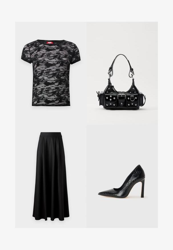 Must mustriline T-särk, millel on tekstuuriga kamuflaažimuster. Ümmargune kaelus, lühikesed varrukad ja punane brändi silt kaeluses.; Mustmust pikk, must seelik, millel on sile tekstuur, lai vöökoht ja volditud disain, ilma nähtavate mustrite või kaunistusteta.; Mustan teravaotsaga kõrge kontsaga king, millel on krokodillimustriga tekstuur, stiilne disain, kõrge stilettokonts ja sile must sisesisustus.; Must värvi nahast käekott, millel on kaarjas disain, hõbedased nupukesed, kinnitusahe ja kaks külgtaskut. Reguleeritav rihm erinevate kandmisvõimaluste jaoks.