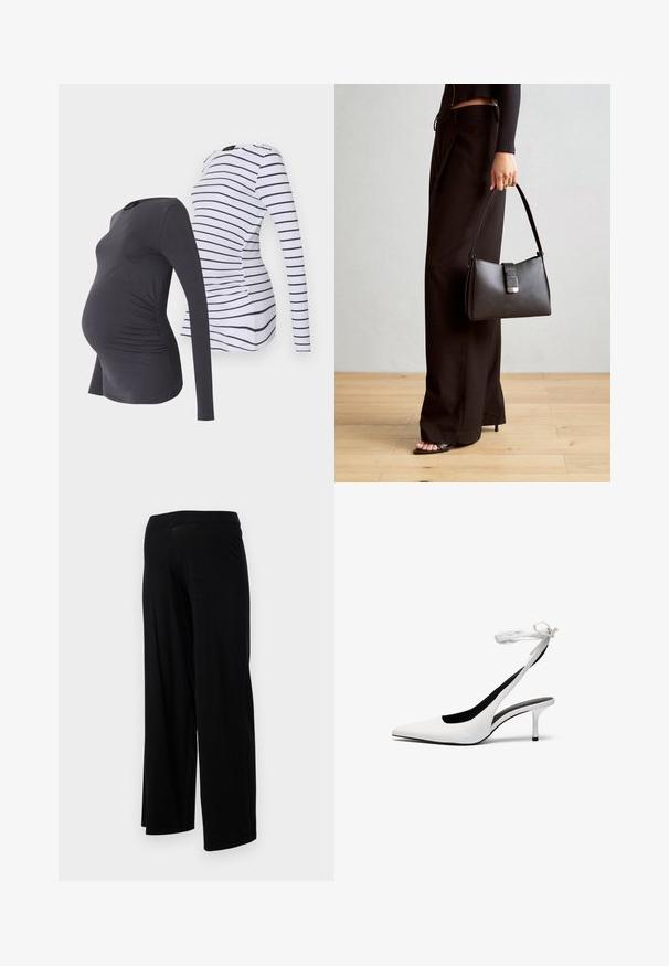 Duos ilgomis rankovėmis nėštumo marškiniai: vieni tamsiai pilki su surinktomis šoninėmis siūlėmis, o kiti balti su tamsiai mėlynomis horizontaliosiomis juostelėmis. Minkšta, tampri medžiaga.; Juodos plačios kelnės su elastinga juosmeniu ir lygia, tampria tekstūra. Turi paprastą dizainą, be raštų ar puošmenų.; Balti smaili ovalo pirštai su banguota atvira užsegimo juosta. Lygi odinė medžiaga, plonas stiletto kulnas ir juodas vidinis pamušalas.; Juodas rankinė struktūrizuota forma, lygi tekstūra ir metalinis užsegimas. Suporuota su plačiomis juodomis kelnėmis ir atvirais bateliais ant medinių grindų.