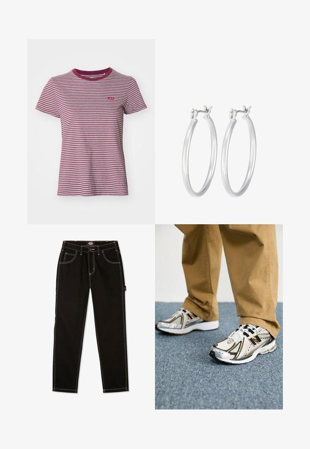 Levi's® THE PERFECT TEE - Paprasti marškinėliai - collegiate burgundy; Juodi džinsai su kontrastingais baltais siūlais, penkios kišenės ir šoninė etikete. Standartinis siluetas, tiesios kojos dizainas.; Balti ir sidabriniai New Balance sportbačiai su juodais akcentais ir raišteliais, turintys tinklinę viršutinę dalį, paminkštintą padu ir dinamišką dizainą.; Sidabriniai auskarai su sklandžiu, poliruotu paviršiumi. Apvalios formos ir saugus uždarymo mechanizmas. Lengvas dizainas, tinkantis kasdieniam dėvėjimui.