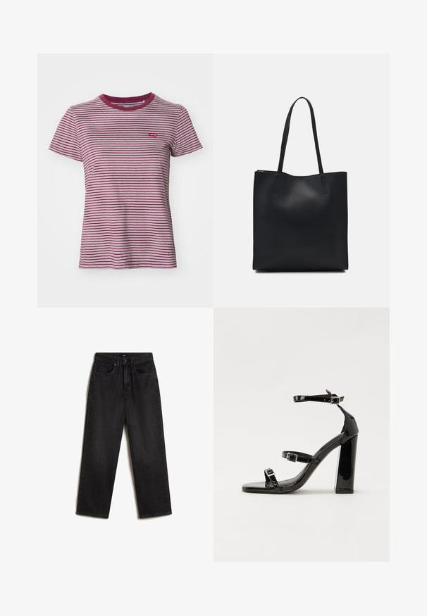 Levi's® THE PERFECT TEE - T-shirt - bas - collegiate burgundy; Vans SIRELLE POCKET PUDDLE - Jeans relaxed fit - black; Svarta lackerade klacksandaler med fyrkantig tå, ankelremmar och silverfärgade spännen. Har en kraftig blockklack för stabilitet.; Svart lädertoffelväska med slät textur, rektangulär form och två långa handtag. Ingen synlig hårdvara eller dekorationer.